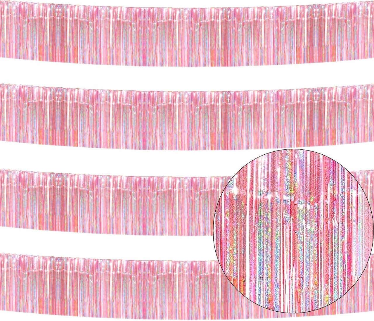 4 Pack Total 40 Feet Foil Fringe Garland Metallic Tinsel Banner Wall Hanging Drapes Parade Float Skirting Decorations for Trailer Mardi Gras Party Birthday Wedding (Iridescent Pink)